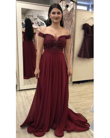 Burgundy Beaded Satin Off-the-Shoulder A-Line Long Prom Dress, PD2306050