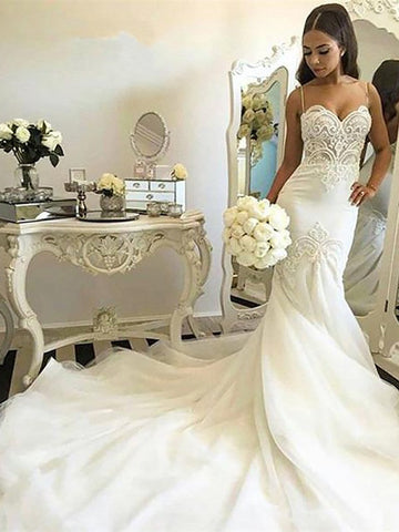 Ivory Tulle Lace Mermaid Spaghetti Straps Court Train Wedding Gown, WD2401291