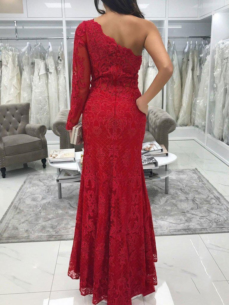 Red Lace One-Shoulder Split-Front Sheath Column Prom Dress, PD2305153