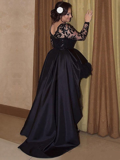 Scoop Neck Black High-Low Long Sleeved A-Line Prom Dress, PD2305205