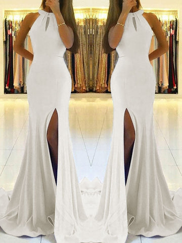 Backless White Sheath Prom Dress with Side Slit and Lace-Up Back, PD2305201