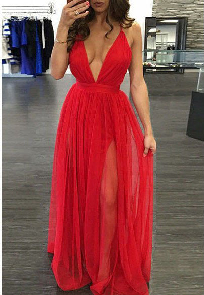 Red A-Line Prom Dress with Sexy Deep V-Neck, PD2310303