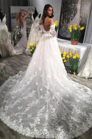 Ivory Lace Long Sleeves A-line Backless Wedding Dress with Train, WD2308238