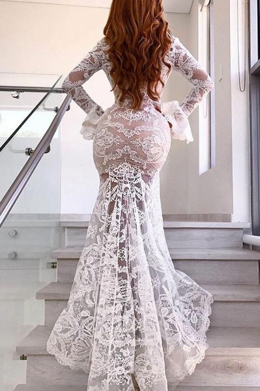 White Lace Mermaid Prom Dress with Sweetheart Neckline and Long Sleeves, PD2305154