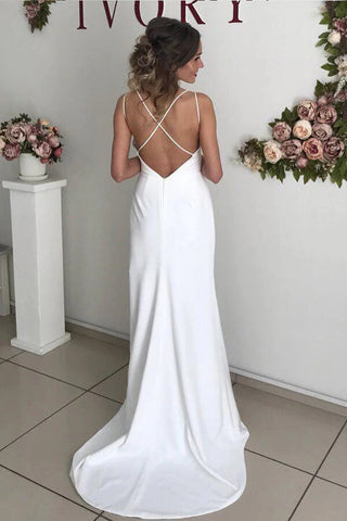 Ivory Sheath Wedding Dress with V-neck and Backless Design, WD2311034