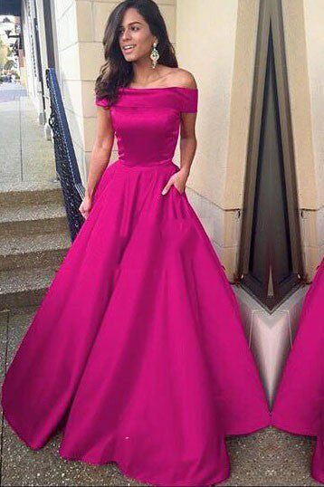Fuchsia Off-the-Shoulder A-Line Satin Prom, PD2305255