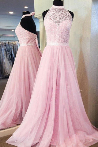 Backless Pink Princess A-Line Tulle Lace Prom Dresses, PD2305311