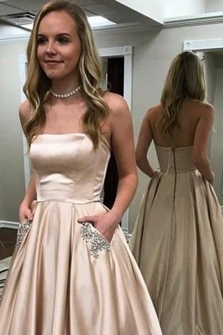 A-Line Strapless Elastic Satin Prom Dress with Pockets and, PD2305243