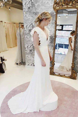 Mermaid Wedding Dress with Backless Design, Cap Sleeves, and V-neck, WD2402019