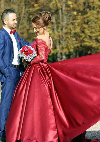 Elegant Red V-Neck Long Sleeve Beaded Satin Prom Gown, PD2311082