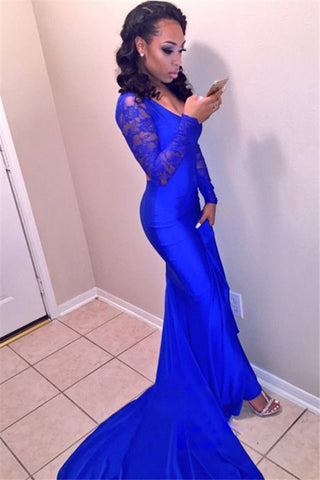 Royal Blue A-Line Lace Backless Mermaid Prom Dress Long Sleeves, PD2308037