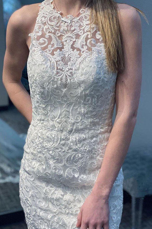 Ivory Lace Tulle Mermaid Round Neck Wedding Dress With Court Train, WD2310188