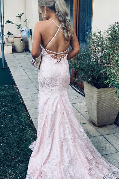 Pink Sophistication Lace-Up Backless Sheath Prom Dress, PD2305141