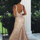 Champagne Lace V-Neck Backless Sheath Prom Dress, PD2305151