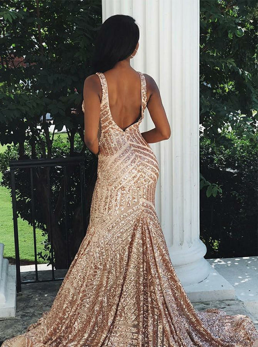 Champagne Lace V-Neck Backless Sheath Prom Dress, PD2305151