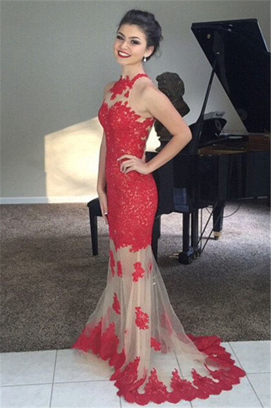 Red Sleeveless Lace Long Prom Dress, PD2310173