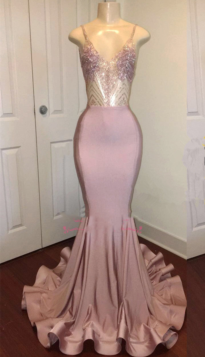 Dusty Rose Beaded V-Neck Backless Sheath Prom Dress, PD2305086