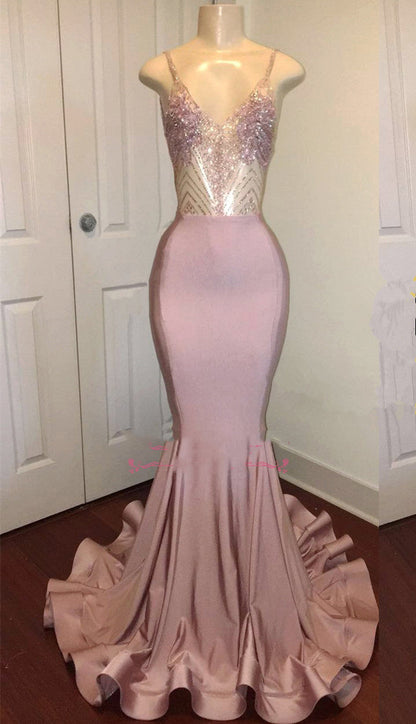Dusty Rose Beaded V-Neck Backless Sheath Prom Dress, PD2305086