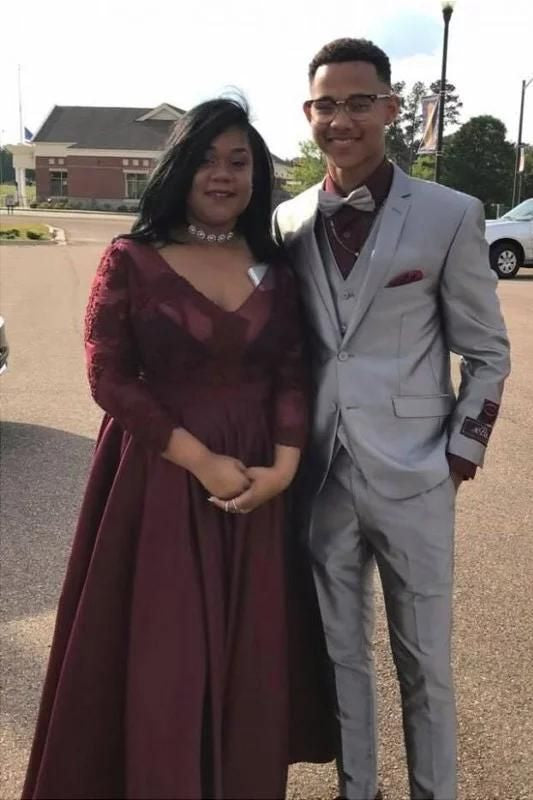 Burgundy Plus Size Long Sleeves Lace V-Neck A-Line Prom Dress, PD2306015