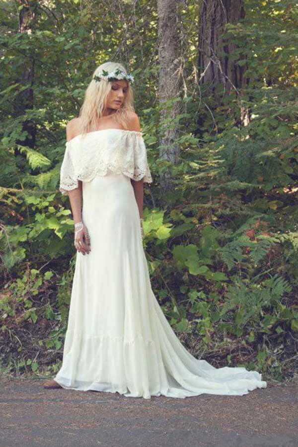 Bohemian Lace Ivory Chiffon A-line Beach Wedding Dress, WD2308224