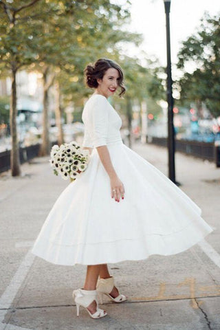 Modest A-line Taffeta Wedding Dress with V-Neck and Half Sleeves, Tea Length, WD2404123