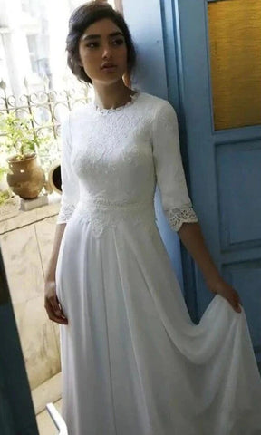 Modest Wedding Dress with 3-4 Sleeves, Floor Length Chiffon, and Lace Top, WD2404124