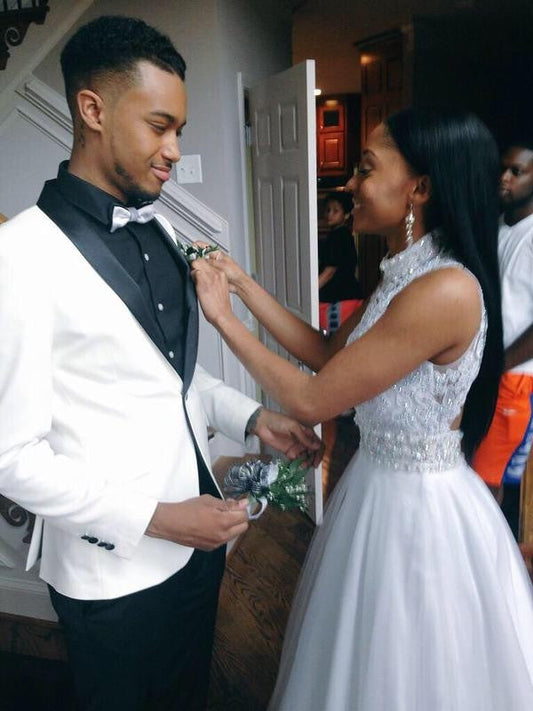 White Beaded Tulle Princess A-Line Prom Dresses, PD23053110