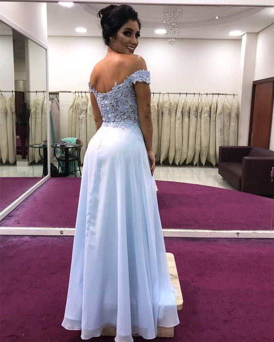 Light Sky Blue Off-the-Shoulder Sweetheart Chiffon A-Line Prom Dress, PD23060112