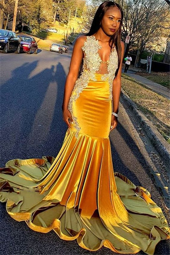 Bridesmaid Dress Yellow Velvet Prom Dress Elegant Mermaid Satin Prom Dress  Sleeveless Halter JLDressCA US22W Pic Color