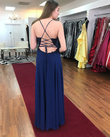 A-Line Dark Navy Lace Up Back Sweetheart Side Slit Chiffon Prom, PD2305242