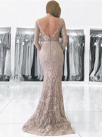 Champagne Lace V Neck Long Sleeve Backless Botton Mermaid Prom Dresses, PD2310036