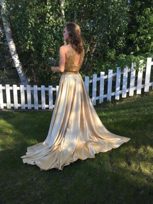 Champagne Satin Halter Cut Out Prom Dress with Rhinestone Backless High Neck, PD2306135