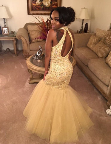 Mermaid Champagne Tulle Prom Dress with High Neck and African American Backless Design, PD2306137