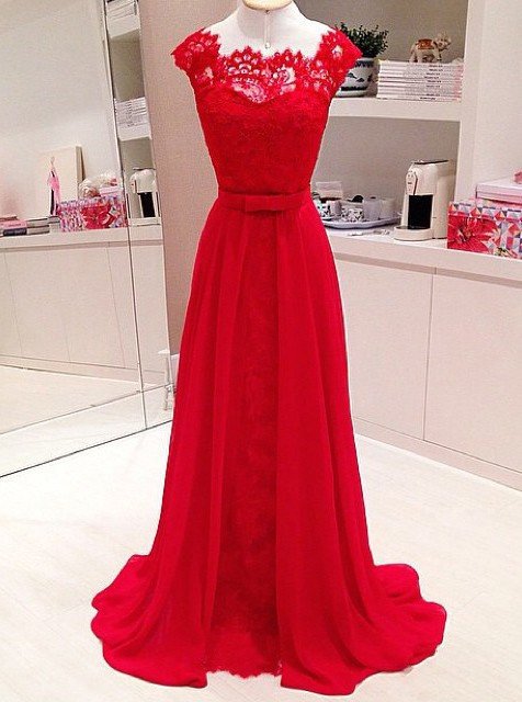 Chic Red Scalloped Neck A-Line Satin Prom Dress, PD2310301