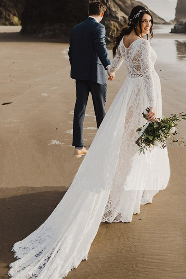 Ivory Lace A-Line V-Neck Long Sleeves Beach Bridal Gown - JLDressCA Ivory Lace A-Line V-Neck Long Sleeves Beach Bridal Gown - JLDressCA