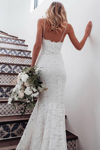 Lace Mermaid Wedding Dress with V-neck, Spaghetti Straps, and Sweep Train, WD2401315