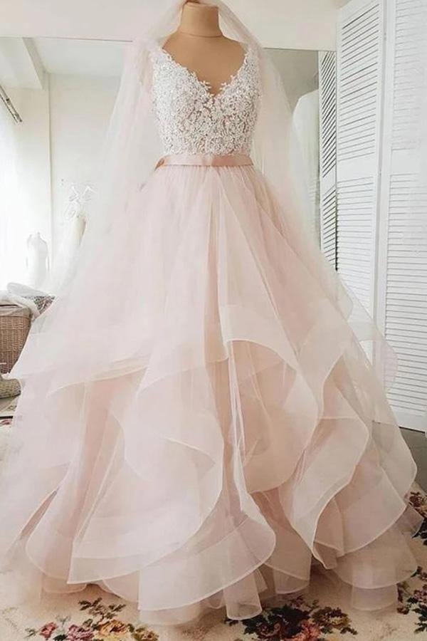 Light Pink V-Neck Tulle Ball Gown Lace Wedding Dress | JLDressCA US26W / Custom Color Light Pink V-Neck Tulle Ball Gown Lace Wedding Dress | JLDressCA US26W / Custom Color