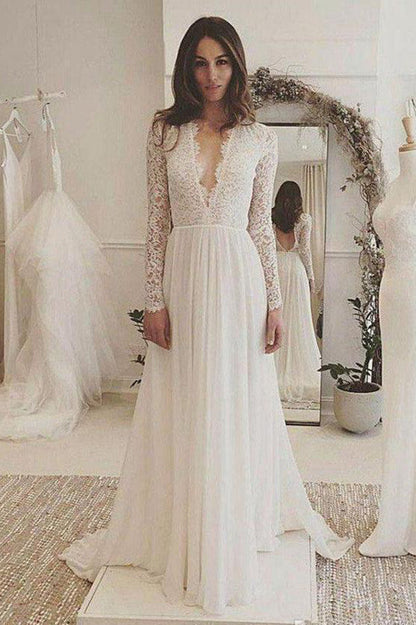 Ivory Chiffon Long Sleeve Backless V-Neck Wedding Dress with Lace, WD2306270