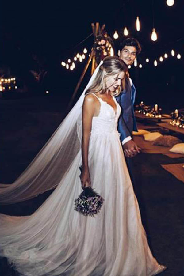 Spaghetti Strap Backless V-neck Beach Wedding Dress, WD23050312