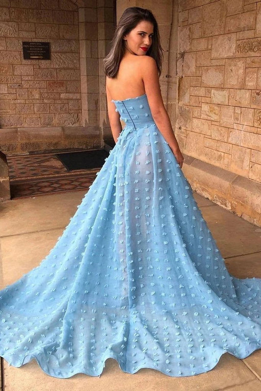 Unique Blue A-Line Formal Dress Sexy A-Line Strapless Split Sweep Train Long Prom Dress, PD23080311
