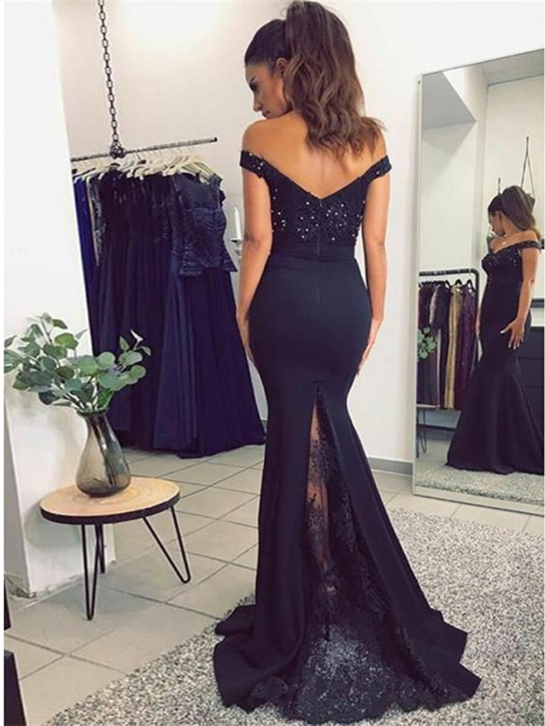 Navy Blue Lace Off-the-Shoulder Mermaid Prom Dresses, Navy Blue Lace Off-the-Shoulder Bridesmaid Evening Formal Dresses, BD2306221