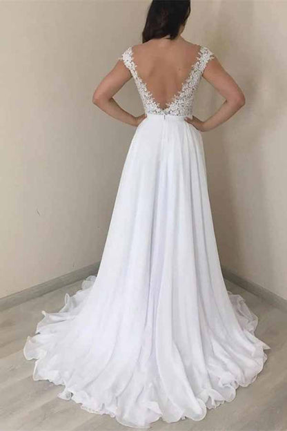 Lace A-line V-neck Cap Sleeves Chiffon Wedding Gown, WD2401296