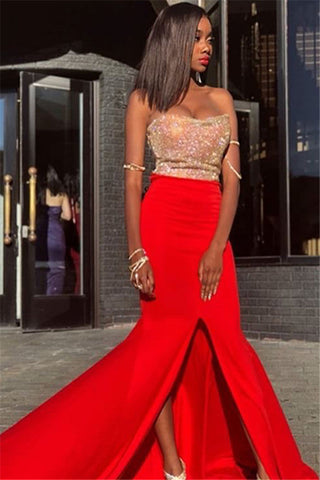 Gold Red Color Blocking Sweetheart Split-Front Sequins Mermaid Prom Dresses, PD2310113