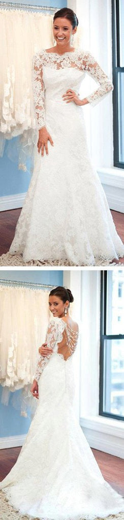 Backless Lace Mermaid Wedding Dress with Round Neck and Long Sleeves, WD2305081