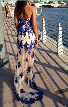 Royal and Ivory Tulle Appliques High Low Sheath Prom Dress with Sweetheart, PD2305258