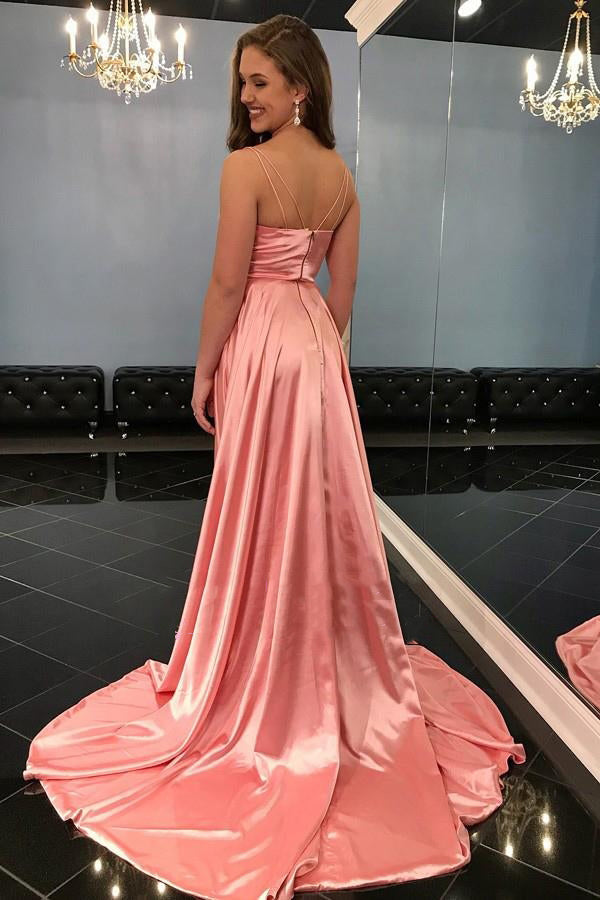 Side Slit Lace Up Back A-Line Sweetheart Elastic Satin Prom Dress, PD2306228