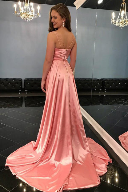Side Slit Lace Up Back A-Line Sweetheart Elastic Satin Prom Dress, PD2306228