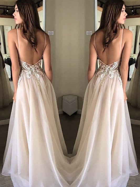 Pearl Pink Backless Lace V-Neck Chiffon A-Line Prom Dress, PD23060113