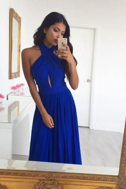 Royal Blue Chiffon Halter Backless A-Line Prom Dress, PD2306056