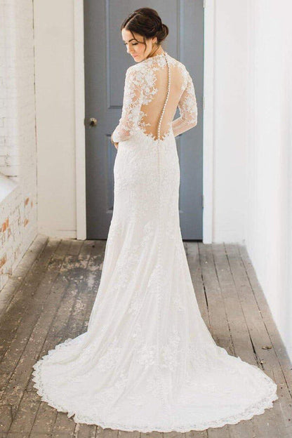 Ivory Lace Sheath V-neck Long Sleeves Wedding Dress, WD2310187